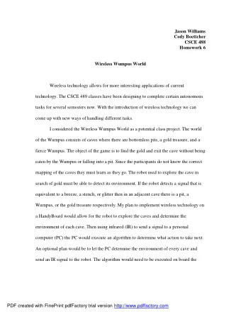 Jason Williams  Cody Boettcher  CSCE 488  Homework 6  Wireless Wumpus World  Wireless technology
