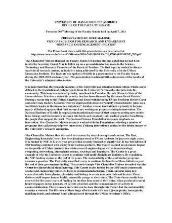 UNIVERSITY OF MASSACHUSETTS AMHERST  OFFICE OF THE FACULTY SENATE From the 705 th Meeting of the