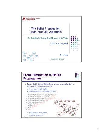 From Elimination to Belief  Propagation  Recall that Induced dependency during marginalization