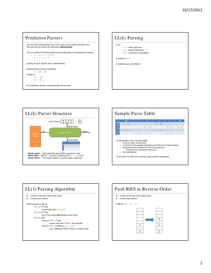 predictive parsers ll k parsing