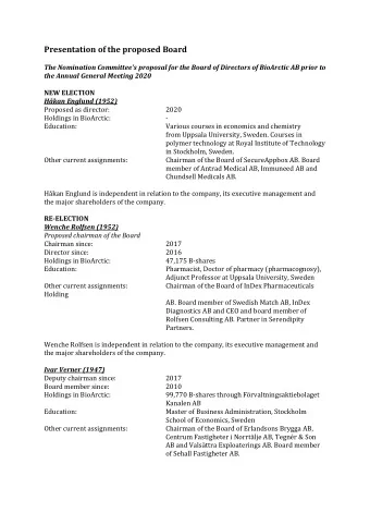 Presentation of the proposed Board  The Nomination Committees proposal for the Board of