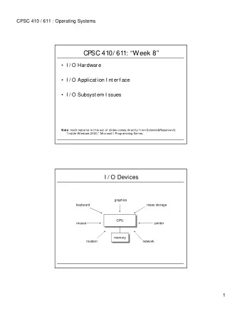 CPSC 410/ 611: Week 8   I / O Har dwar e   I / O Applicat ion I nt er f ace   I / O