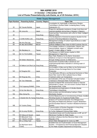 IWA-ASPIRE 2019  31 October - 2 November 2019  List of Poster Presentation(by sub-theme, as of 25