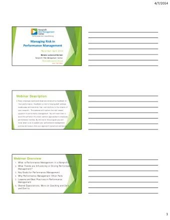 Managing Risk in Performance Management  Recorded: April 2014  Melanie Lockwood Herman  Nonprofit