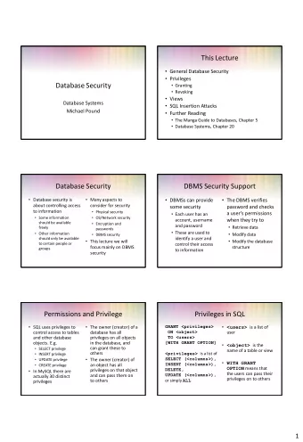 This Lecture  General Database Security  Privileges  Database Security  Granting