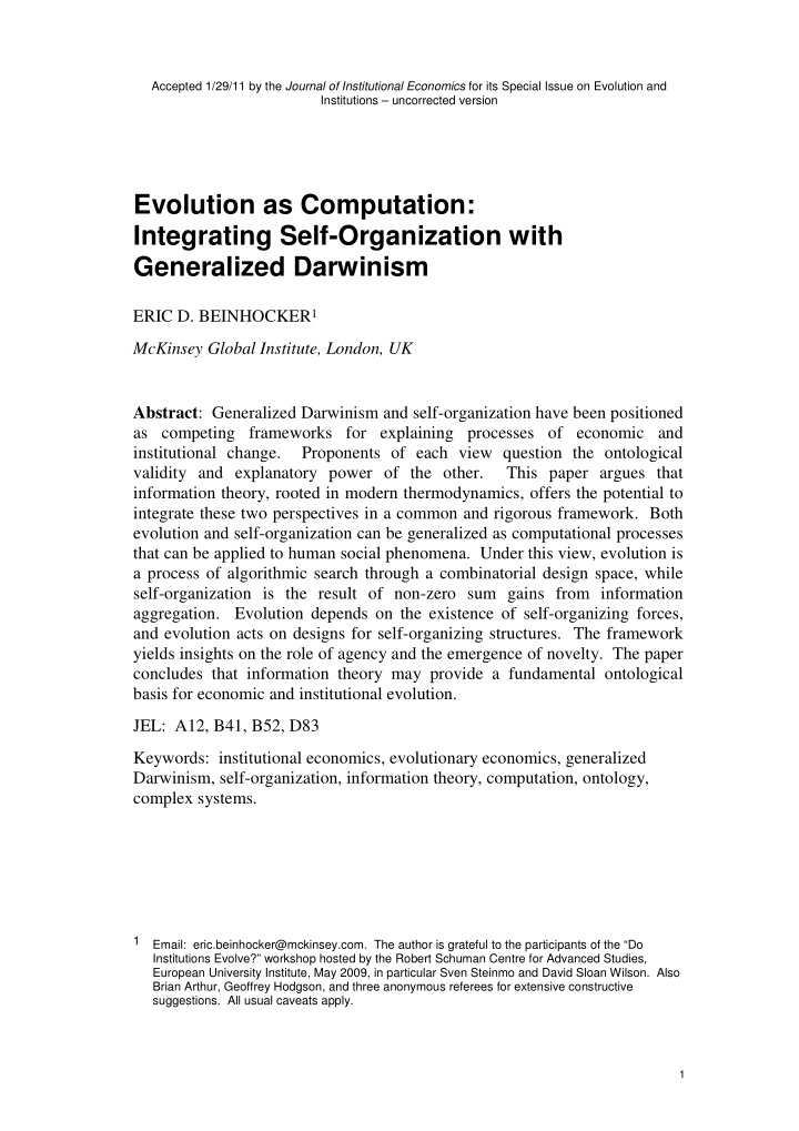 evolution as computation integrating self organization