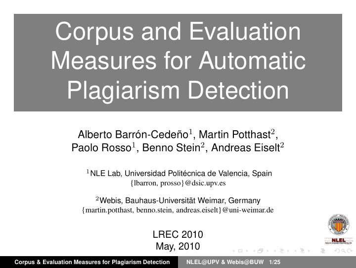 corpus and evaluation measures for automatic plagiarism