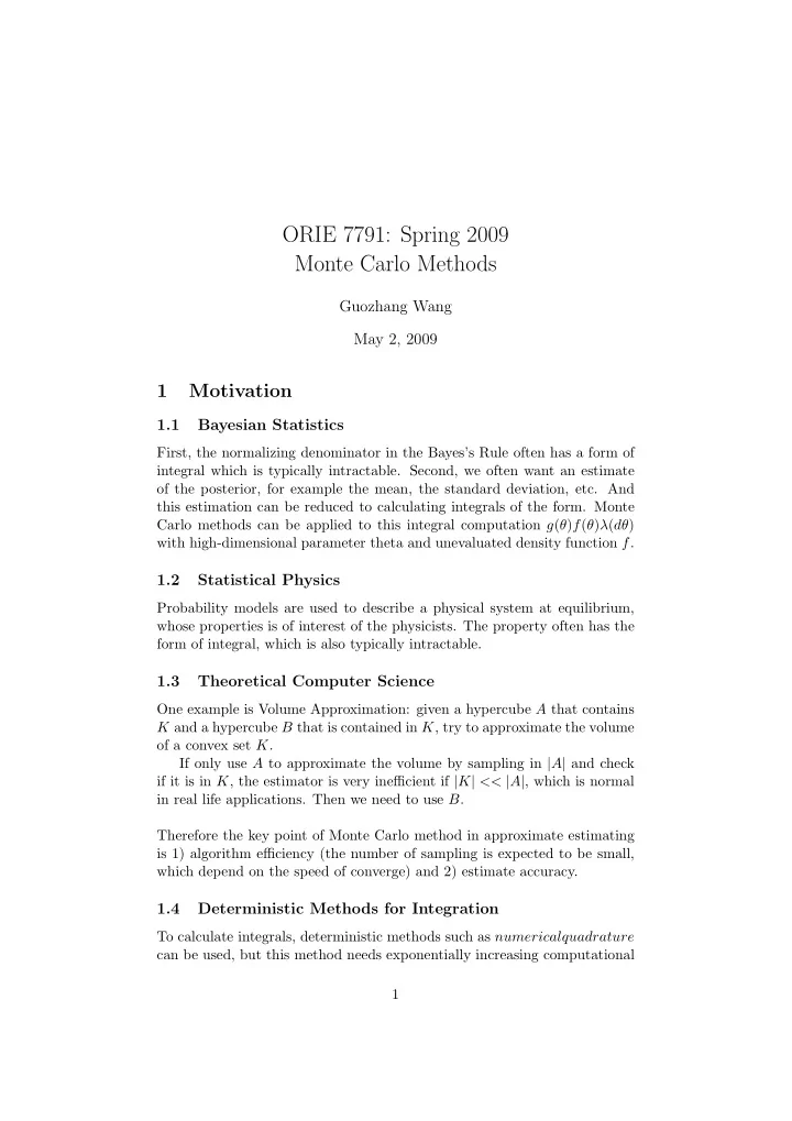orie 7791 spring 2009 monte carlo methods
