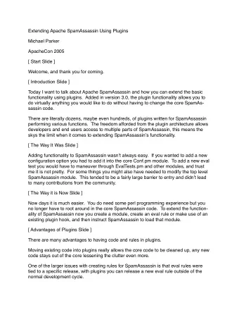 Extending Apache SpamAssassin Using Plugins  Michael Parker  ApacheCon 2005  [ Start Slide ]