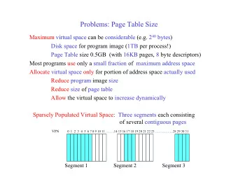 Problems: Page Table Size Maximum virtual space can be considerable (e.g. 2 40 bytes)  Disk space