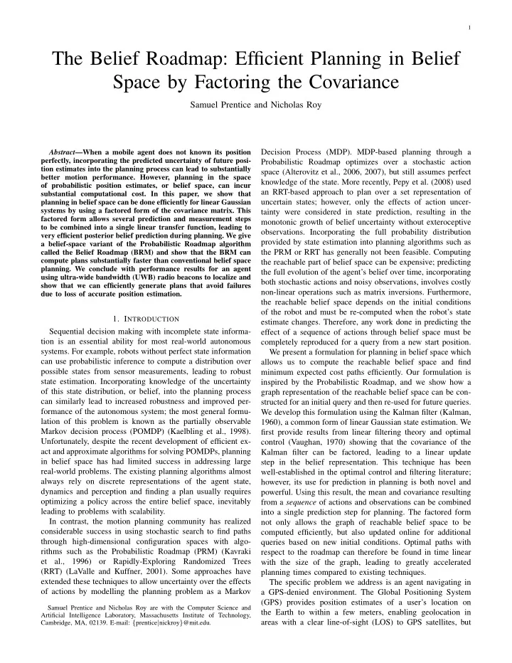 the belief roadmap efficient planning in belief space by
