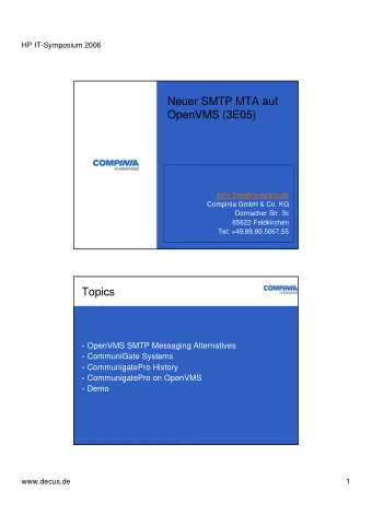 Neuer SMTP MTA auf  OpenVMS (3E05)  John.Dite@compinia.de  Compinia GmbH &amp; Co. KG  Dornacher