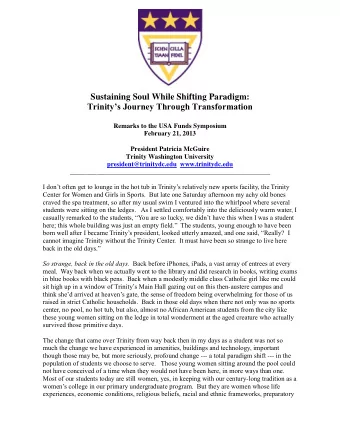 Sustaining Soul While Shifting Paradigm: Trinitys Journey Through Transformation  Remarks to the