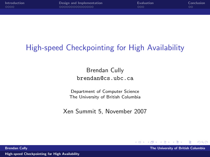 high speed checkpointing for high availability