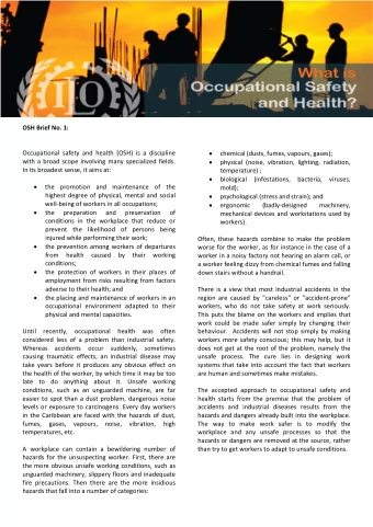 OSH Brief No. 1:  Occupational safety and health (OSH) is a discipline chemical (dusts, fumes,