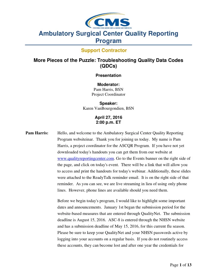 ambulatory surgical center quality reporting program