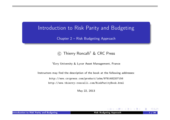 introduction to risk parity and budgeting