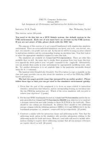 CSE 775: Computer Architecture  Autumn 2010  Lab Assignment #1 (Performance and Instruction Set