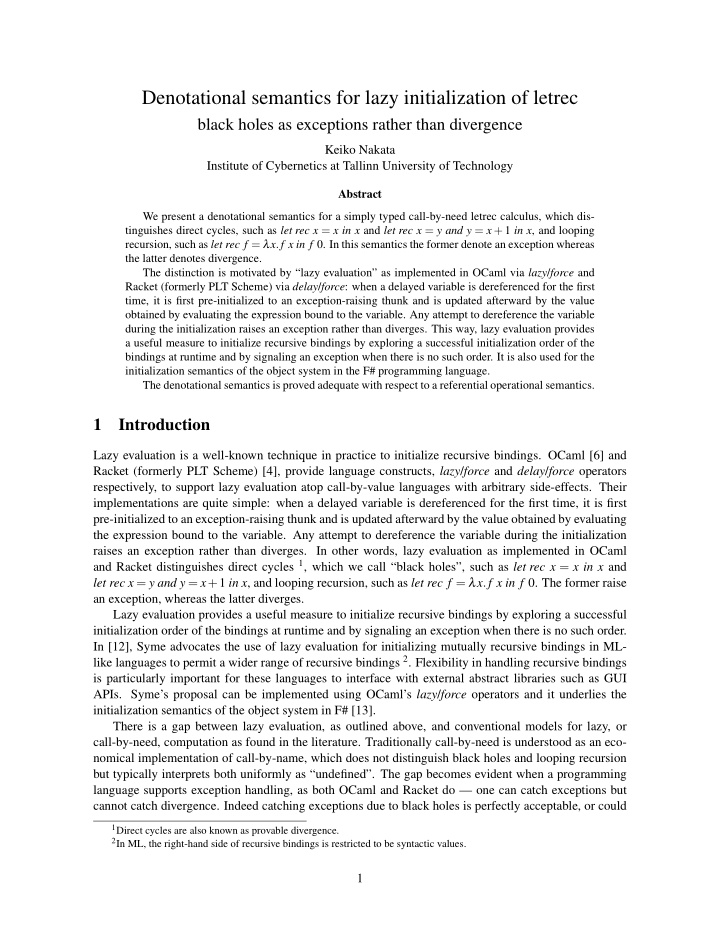 denotational semantics for lazy initialization of letrec