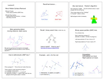 Recall last lecture ...  Lecture 8  Also last lecture:   Painter's Algorithm  More Hidden Surface