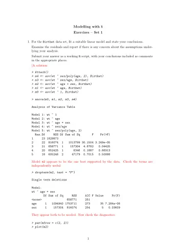 Modelling with R  Exercises  Set 1 1. For the Birthwt data set, fit a suitable linear model and