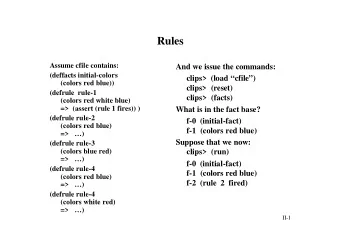 Rules  Assume cfile contains:  And we issue the commands:  (deffacts initial-colors  clips&gt;
