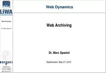 Web Archiving  Dr. Marc Spaniol  Dr. Marc Spaniol  Saarbrcken, May 27, 2010  Databases and