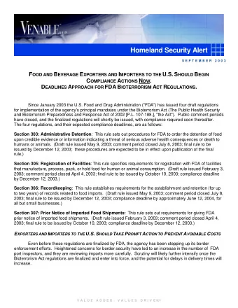 Homeland Security Alert  S E P T E M B E R  2 0 0 3 F OOD AND B EVERAGE E XPORTERS AND I MPORTERS