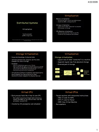 4/22/2009  Virtualization  Memory virtualization  Process feels like it has its own address