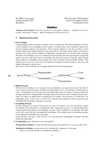Handout 1 Summary of this handout: Overview of historical cryptographic techniques  Definition