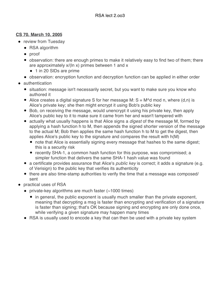 rsa lect 2 oo3 cs 70 march 10 2005 review from tuesday