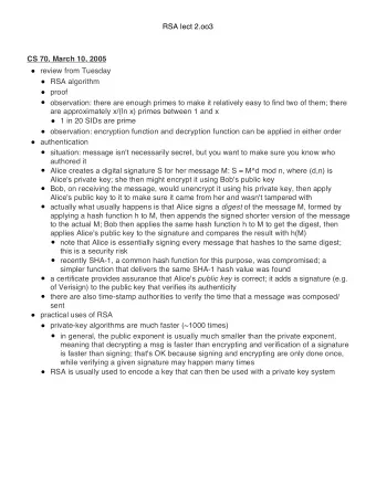 RSA lect 2.oo3  CS 70, March 10, 2005  review from Tuesday  RSA algorithm  proof  observation: