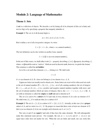 Module 2: Language of Mathematics  Theme 1: Sets A set is a collection of objects. We describe a