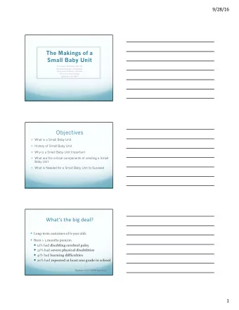 The Makings of a  Small Baby Unit  Anamika B. Mukherjee, MD, MS  Assistant Professor of Pediatrics