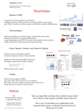 Peachnote  Massive OMR  recognized 1,6 M music sheets, 500 M notes  multiple collections: IMSLP,