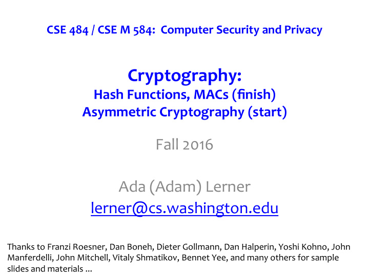 cryptography hash functions macs finish asymmetric