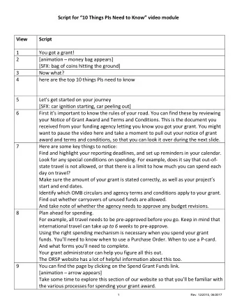 Script for 10 Things PIs Need to Know video module  View  Script  1  You got a grant!  2