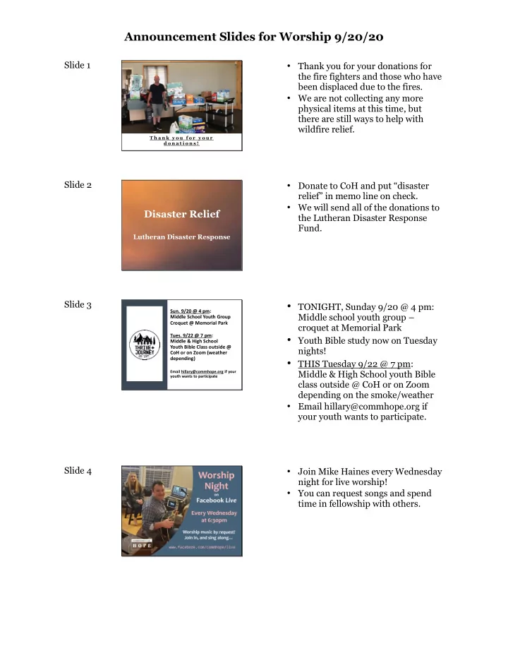announcement slides for worship 9 20 20