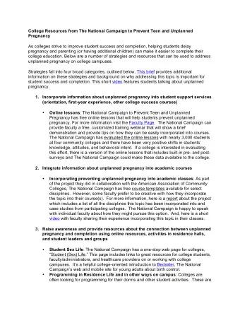College Resources from The National Campaign to Prevent Teen and Unplanned  Pregnancy  As colleges