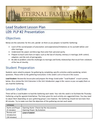 Lead Student Lesson Plan L09: PLP #2 Presentation  Objectives  Below are the outcomes for this