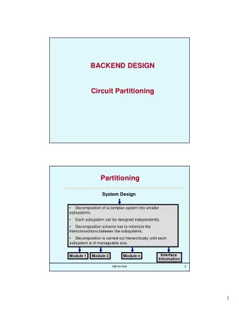 BACKEND DESIGN  Circuit Partitioning  Partitioning  System Design    Decomposition of a complex