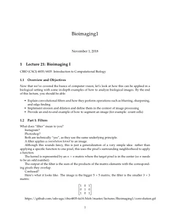 Bioimaging1  November 1, 2018  1  Lecture 21: Bioimaging I  CBIO (CSCI) 4835/6835: Introduction to