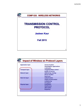 TRANSMISSION CONTROL  PROTOCOL  Jasleen Kaur  Fall 2015  1    Impact of Wireless on Protocol