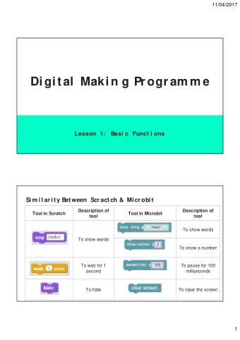 Digit al  Makin g Pr ogr am m e  Lesson 1:  Basi c Funct i ons  Sim il ar ity Bet ween  Scr act ch