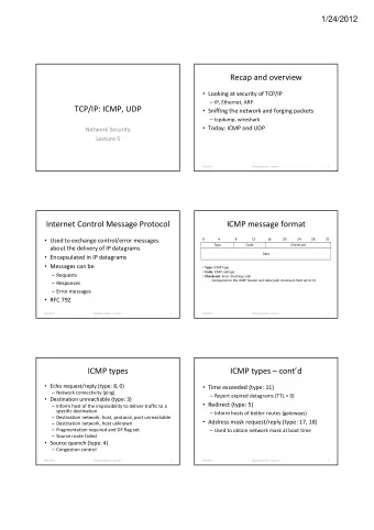 Recap and overview  Looking at security of TCP/IP  IP, Ethernet, ARP  TCP/IP: ICMP, UDP