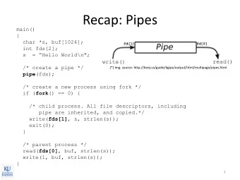 Recap: Pipes  main()  {  char *s, buf[1024];  int fds[2]; s  = Hello World \n&quot;;  /* create
