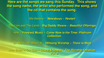 Here are the songs we sang this Sunday.  This shows  the song name, the artist who performed the