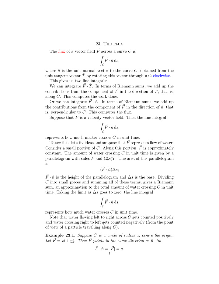 23 the flux the flux of a vector field f across a curve c