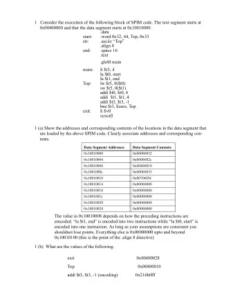 1   Consider the execution of the following block of SPIM code. The text segment starts at
