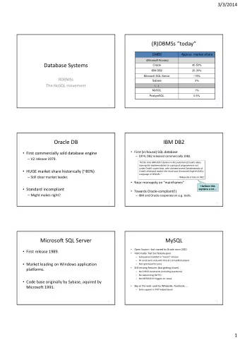 (R)DBMSs today  DMBS  Approx. market share  (Microsoft Access)  Database Systems  Oracle